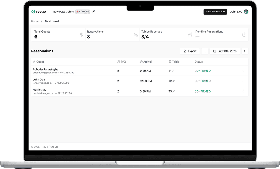 Table management screenshot